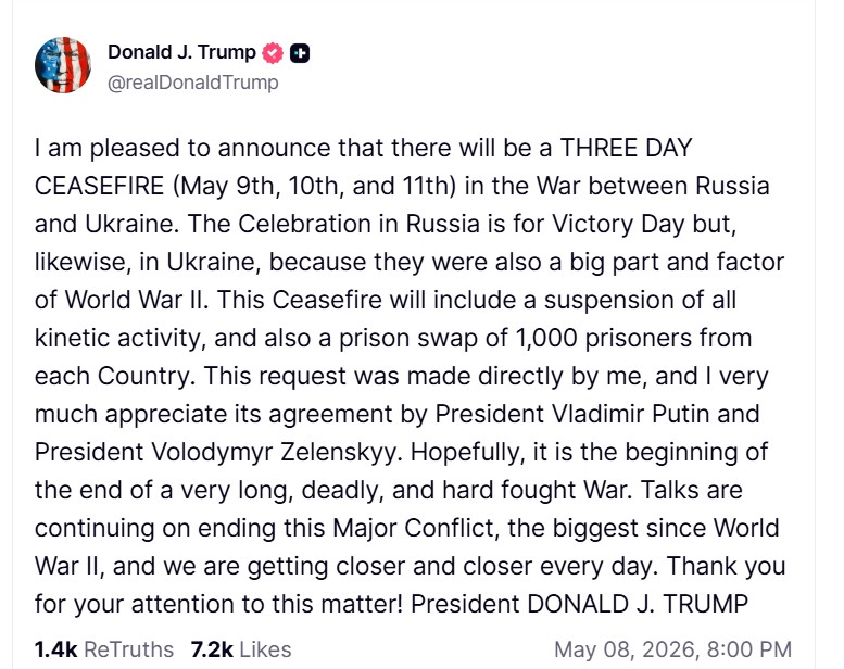 Trump annonserer tre dagers våpenhvile i Ukraina