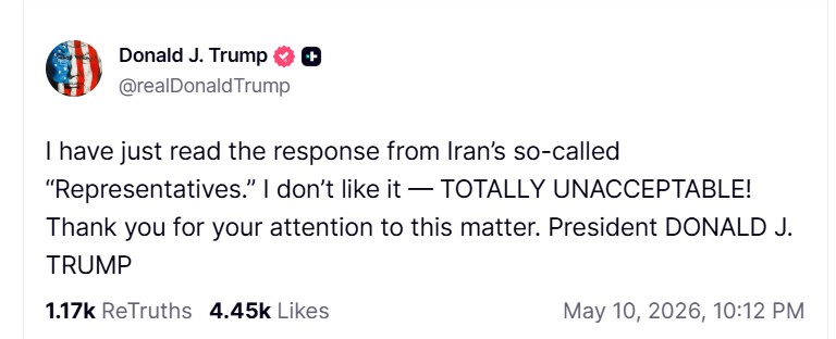 Trump om Irans svar: – Jeg liker det ikke. HELT UAKSEPTABELT!